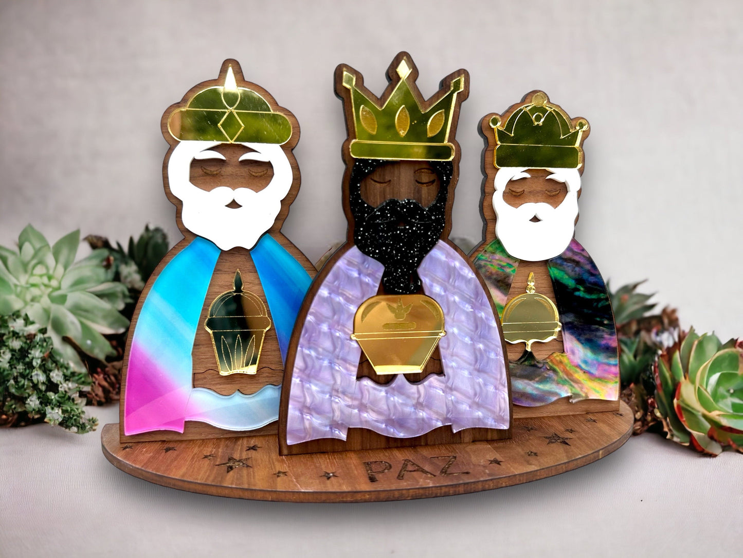Handmade Mahogany Three Kings: Colorful acrylic tres Reyes Puerto Rico Art