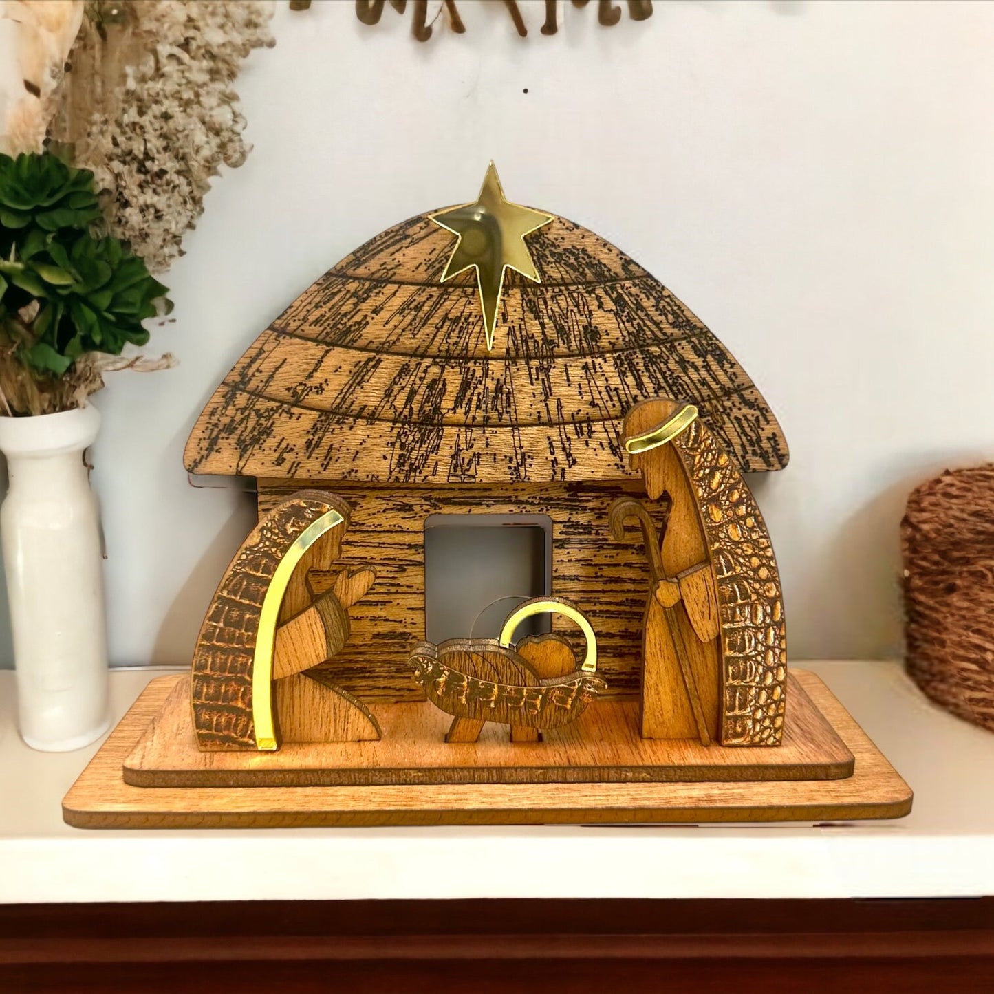 Handmade Wooden Nativity Set: Taino Bohío Crèche, Puerto Rico Art