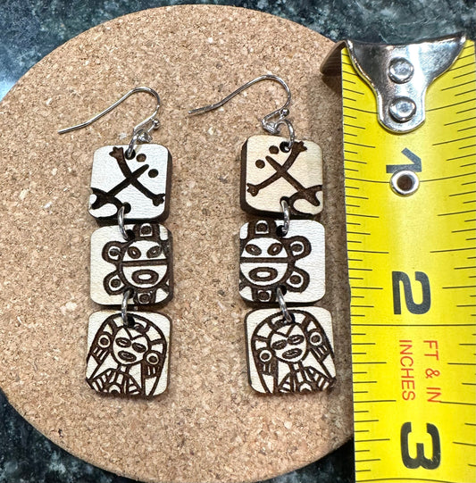 Taino Symbol Wood 3 tiered Earrings: atabey, coqui, sol