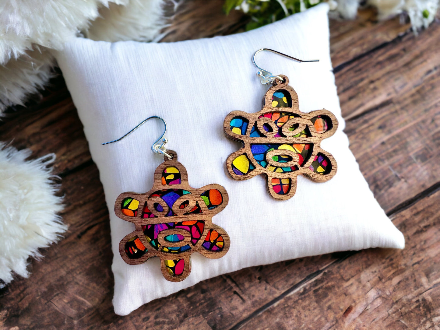 Taino Sol Wooden Earrings: Colorful Stained Glass Look, Puerto Rican Art, suncatcher jewelry