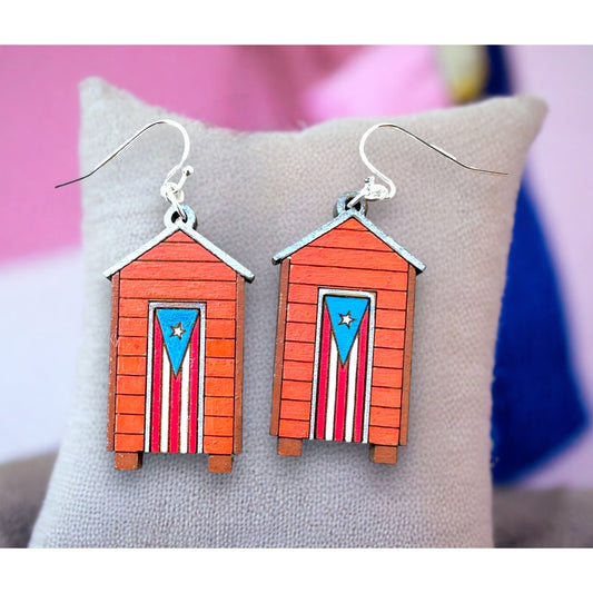 Puerto Rico Flag Wooden casa del campo Earrings: Handpainted Casita Dangles