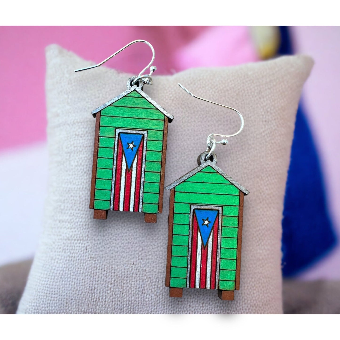 Puerto Rico Flag Wooden casa del campo Earrings: Handpainted Casita Dangles