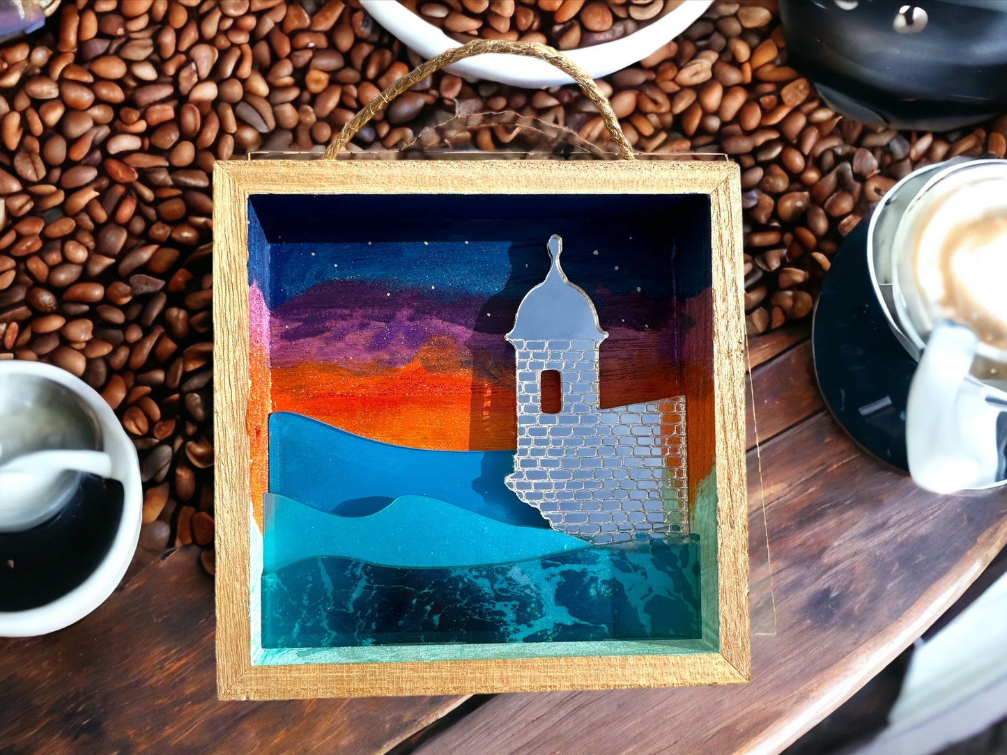 El Morro Art: Handmade Puerto Rico Sunset Painting with ocean acrylic layers, Tropical Wall Decor