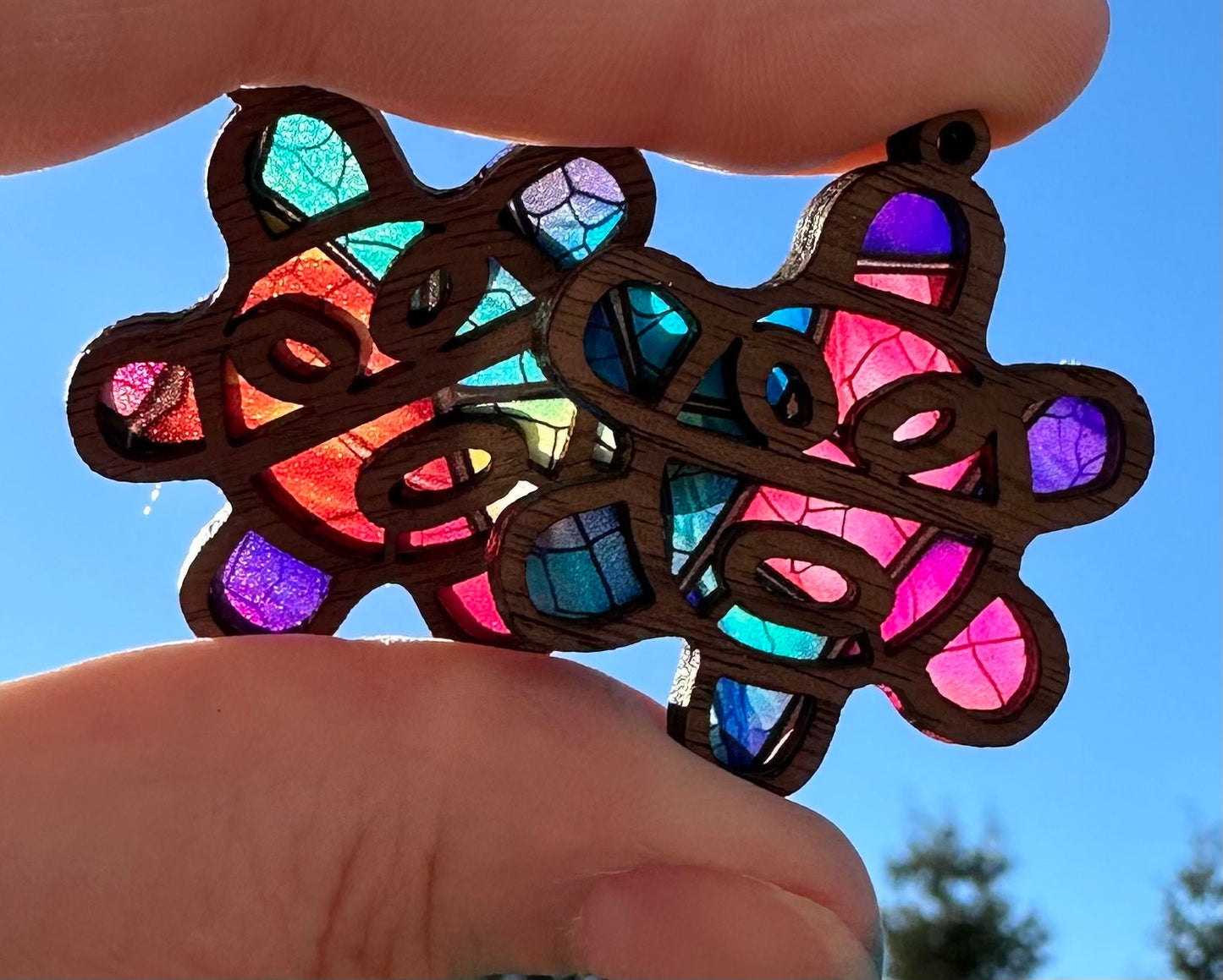 Taino Sol Wooden Earrings: Colorful Stained Glass Look, Puerto Rican Art, suncatcher jewelry