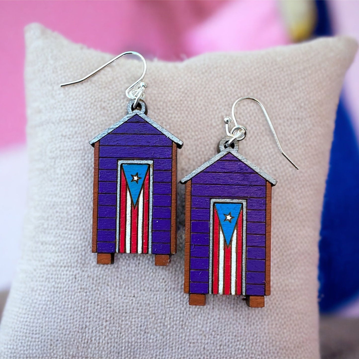 Puerto Rico Flag Wooden casa del campo Earrings: Handpainted Casita Dangles