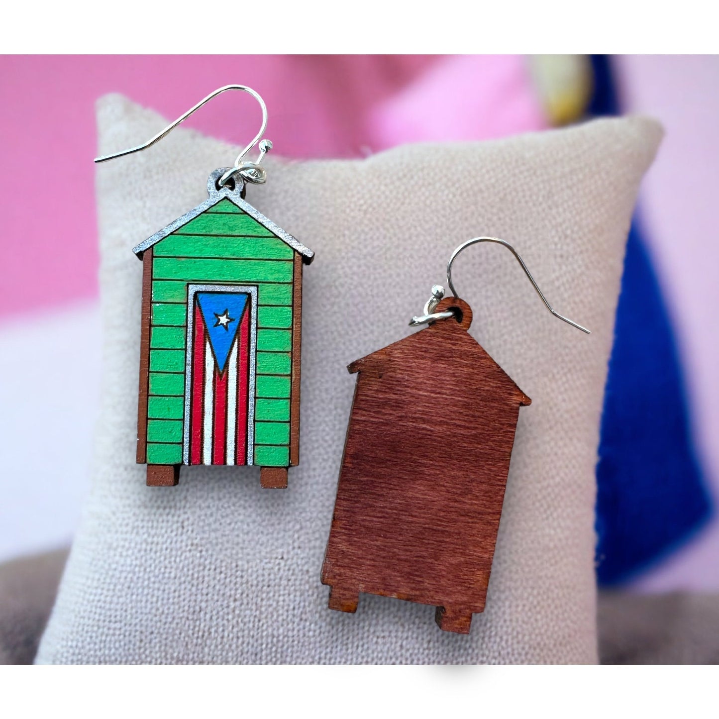 Puerto Rico Flag Wooden casa del campo Earrings: Handpainted Casita Dangles