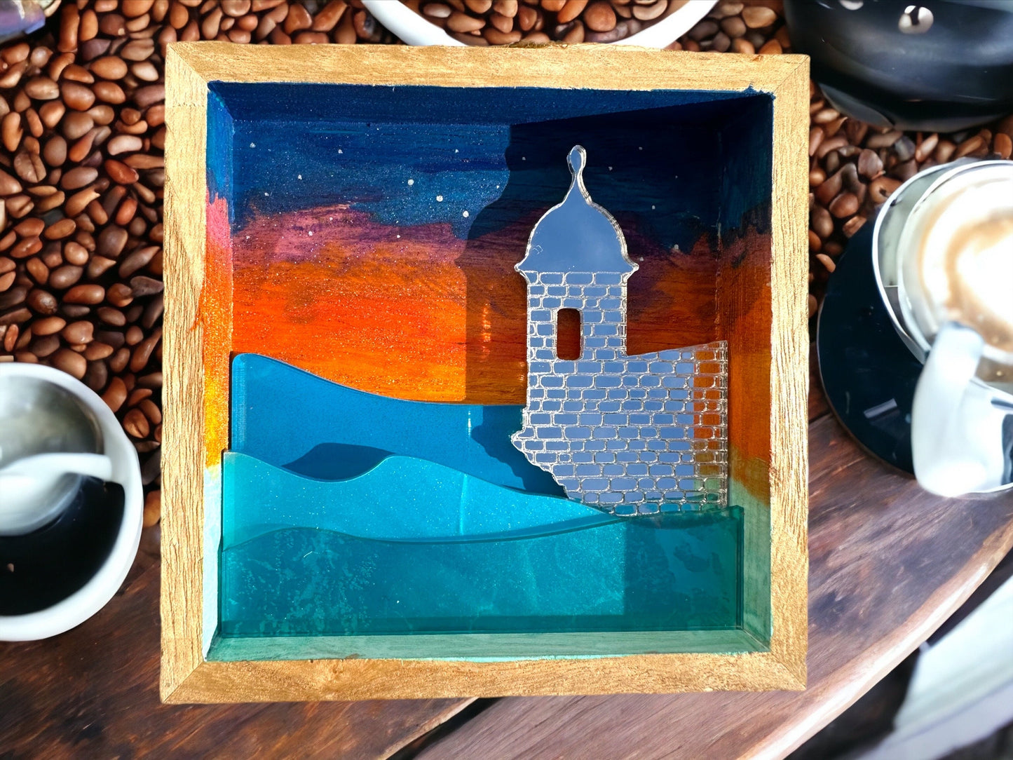 El Morro Art: Handmade Puerto Rico Sunset Painting with ocean acrylic layers, Tropical Wall Decor