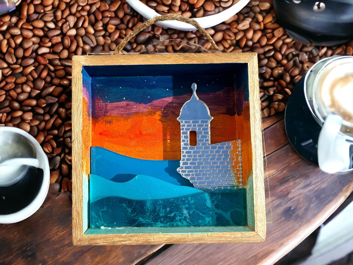 El Morro Art: Handmade Puerto Rico Sunset Painting with ocean acrylic layers, Tropical Wall Decor