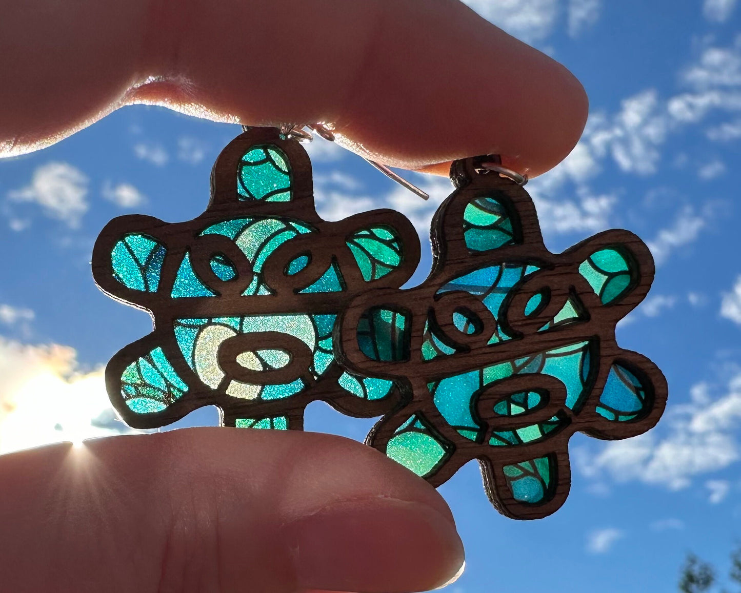Taino Sol Wooden Earrings: Colorful Stained Glass Look, Puerto Rican Art, suncatcher jewelry