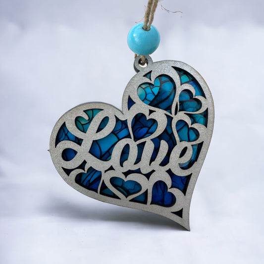 Ocean Blue Love Suncatcher: Silver Heart Car Charm