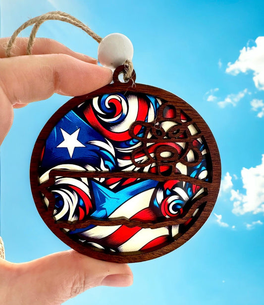 Puerto Rico Wood Car Charm: Taino Sun Suncatcher, Boricua Ornament, stained glass look