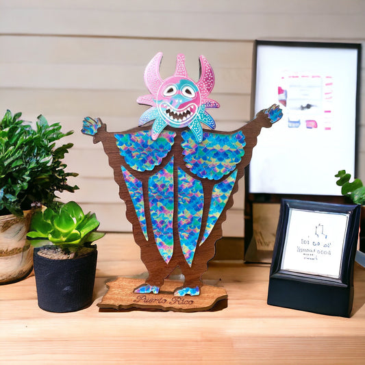 Colorful Vejigante carnival mask wood statue for desk or shelf, Puerto Rico art, house warming gift for Puerto Rican, homesick Puerto Rico