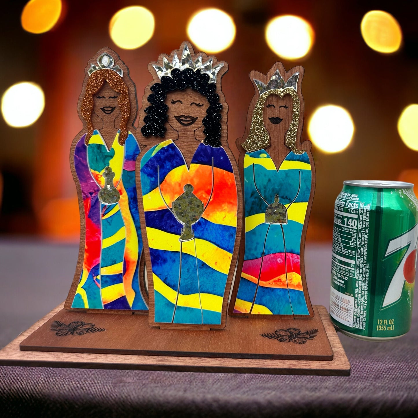 Three Queens Statue, Feminine Three Kings Nativity Set, Puerto Rican Christmas Decor, Handmade Wood and Acrylic Religious Art desk sitter