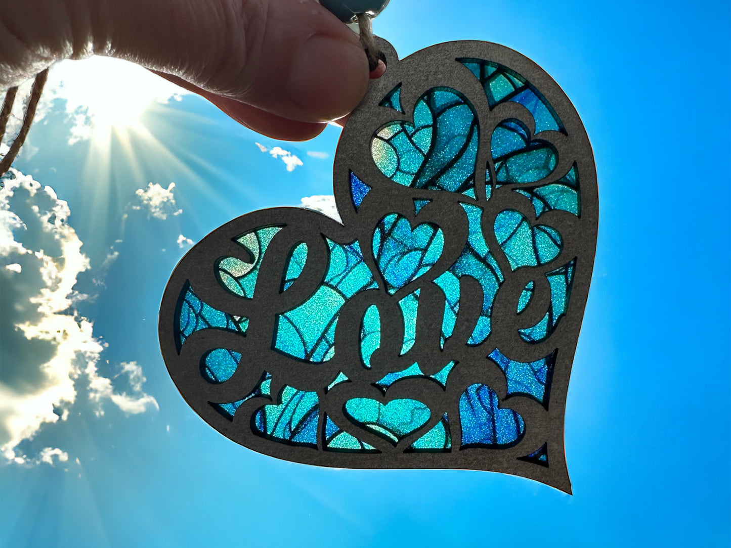 Ocean Blue Love Suncatcher: Silver Heart Car Charm