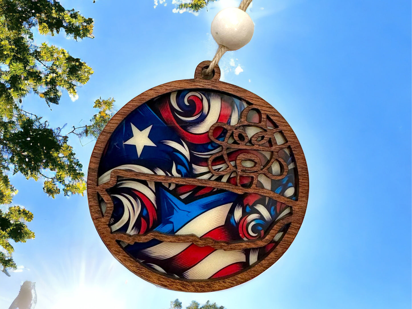 Puerto Rico Wood Car Charm: Taino Sun Suncatcher, Boricua Ornament, stained glass look
