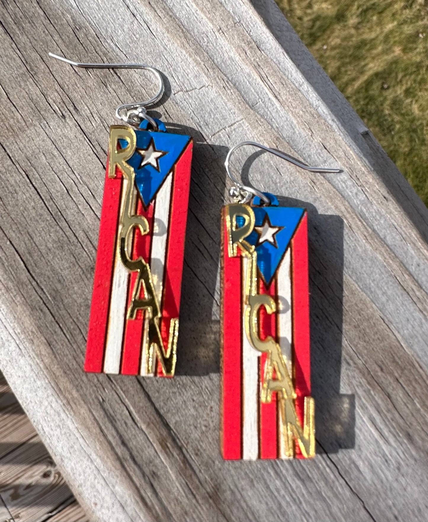 RICAN hand painted wood earrings, Puerto Rico flag art, best friend birthday gift Boricua, orgullo puertorriqueño, lightweight statement