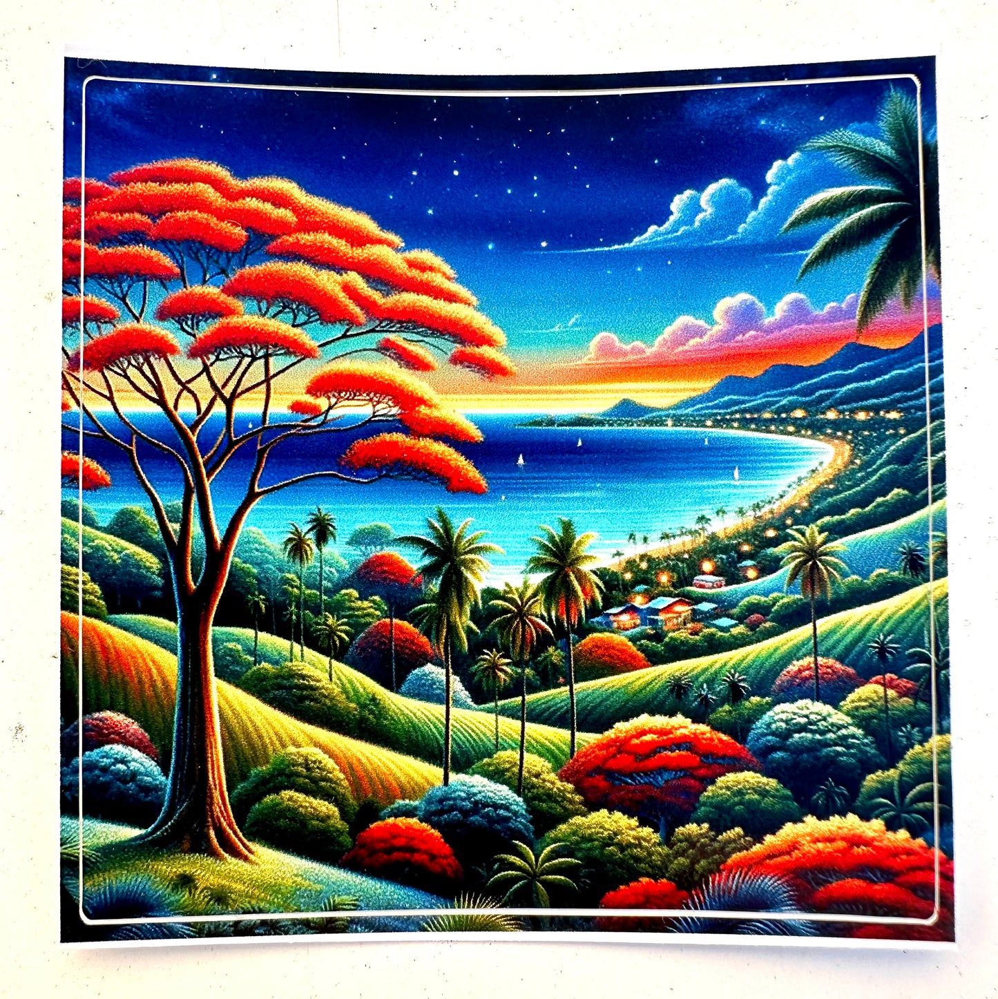 Puerto Rico Beach Sticker: Flamboyan Tree, Ocean Sailboat Vinyl Decal