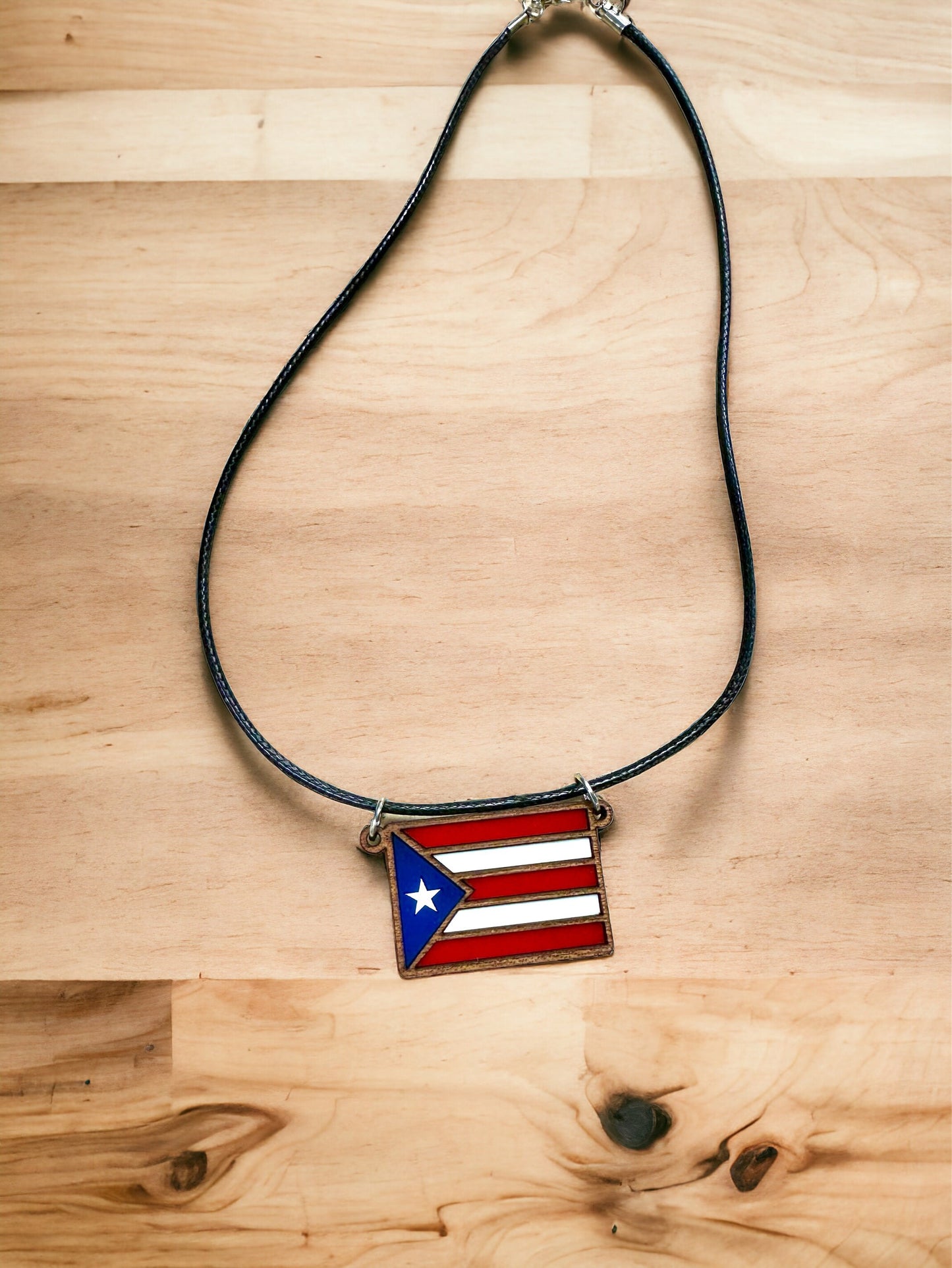 Puerto Rican Flag Pendant: Layered Wood & Acrylic Boricua Necklace