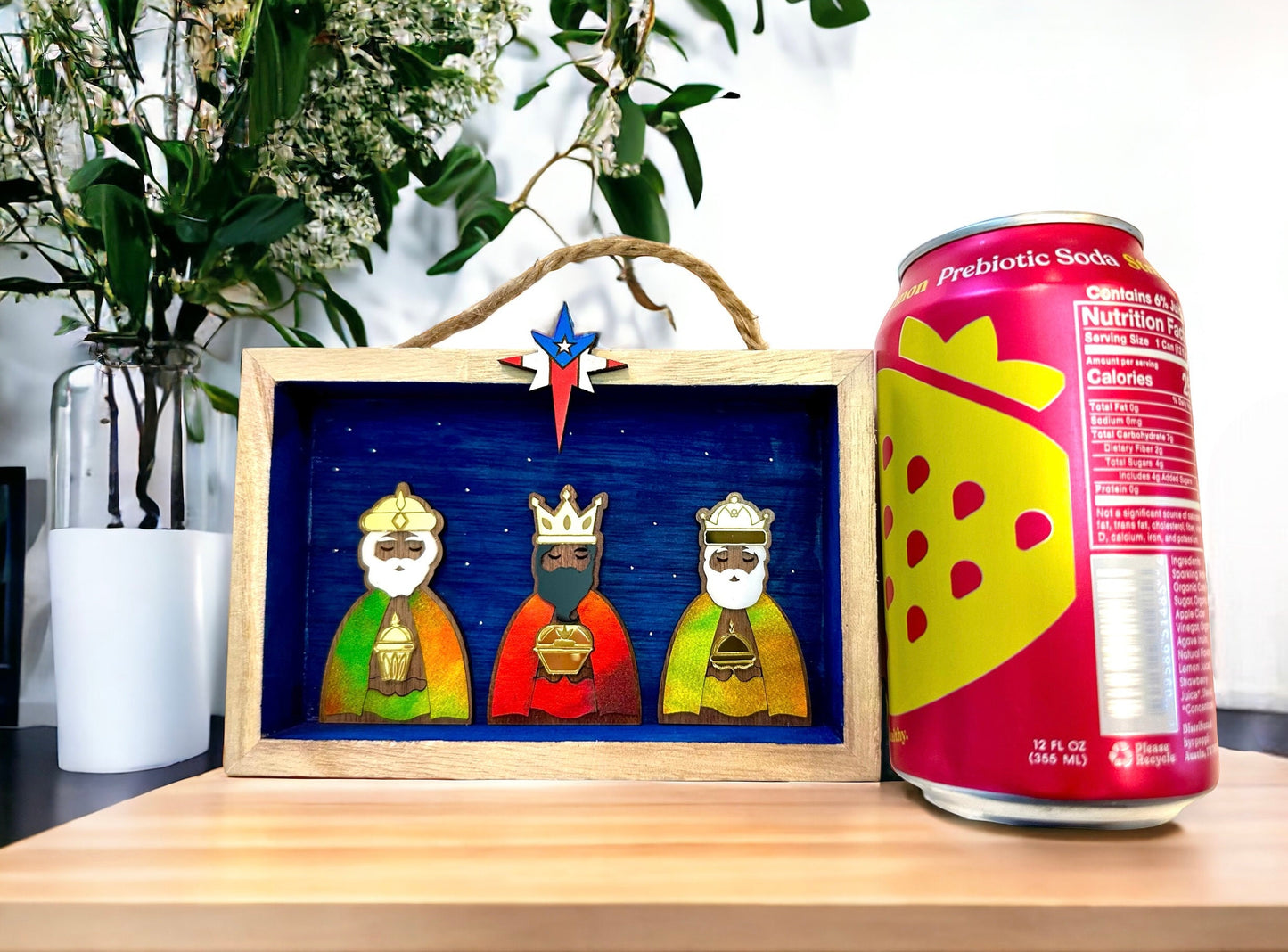 Three Kings Miniature: Puerto Rican Flag Star, Wood Veneer Nativity