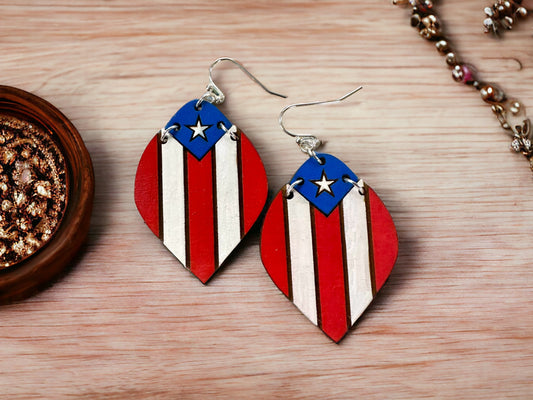 Hand-Painted Puerto Rican Flag Earrings: Lightweight Wood Boricua Jewelry