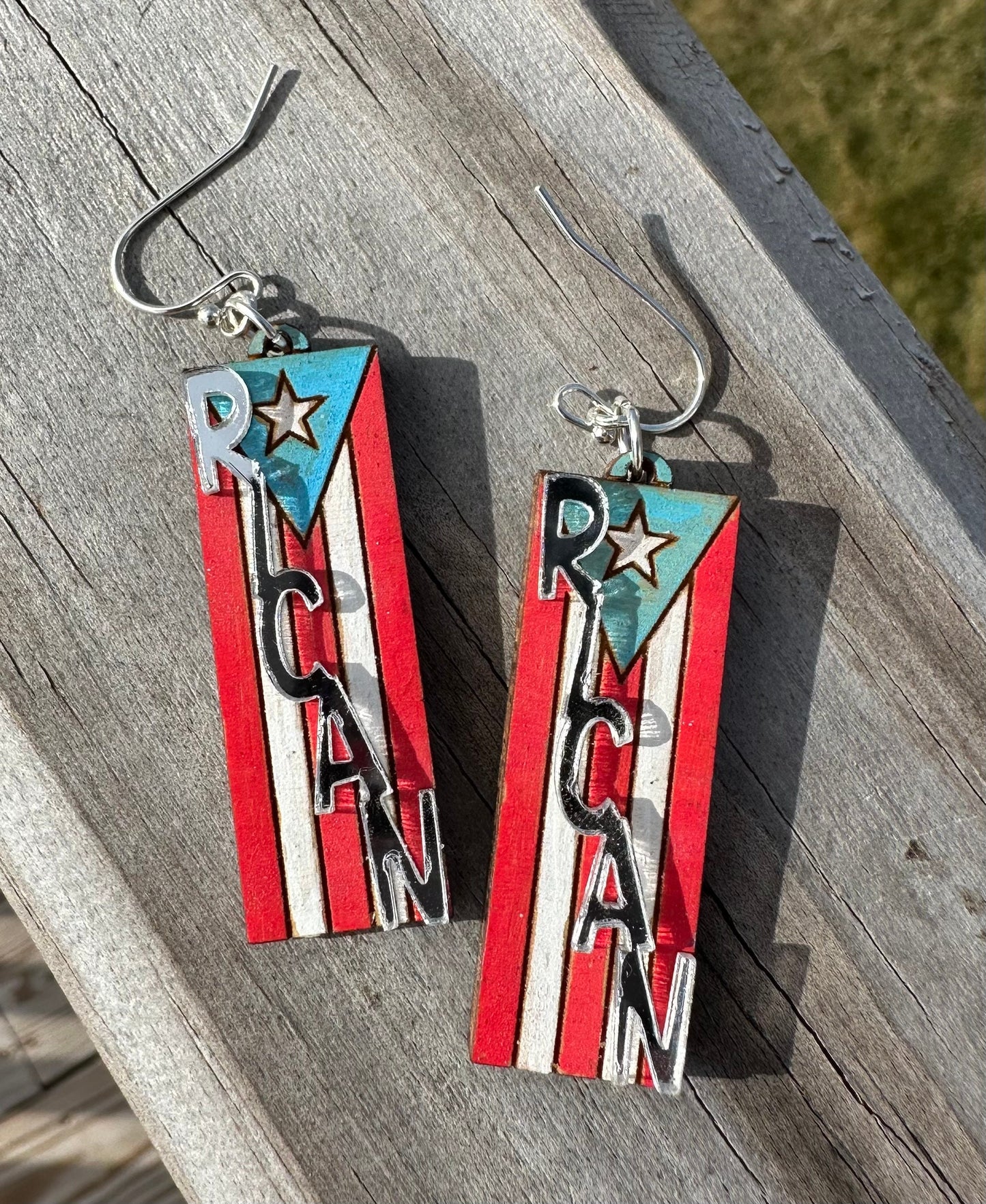 RICAN hand painted wood earrings, Puerto Rico flag art, best friend birthday gift Boricua, orgullo puertorriqueño, lightweight statement