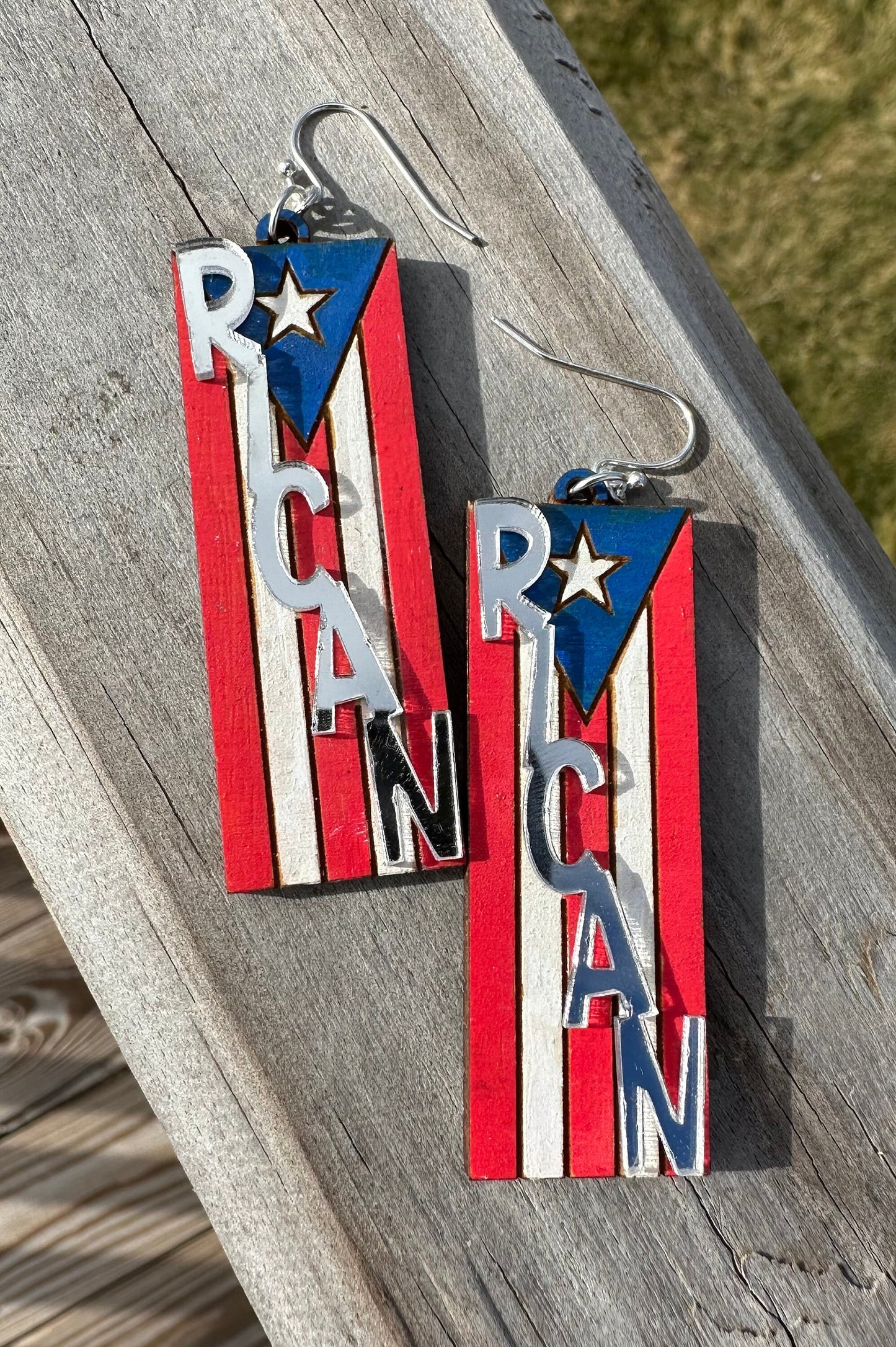 RICAN hand painted wood earrings, Puerto Rico flag art, best friend birthday gift Boricua, orgullo puertorriqueño, lightweight statement