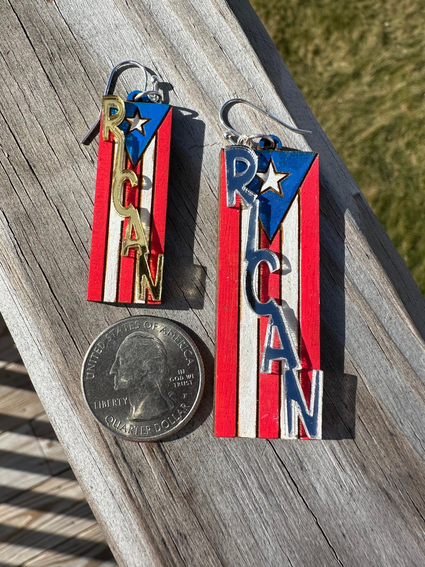 RICAN hand painted wood earrings, Puerto Rico flag art, best friend birthday gift Boricua, orgullo puertorriqueño, lightweight statement