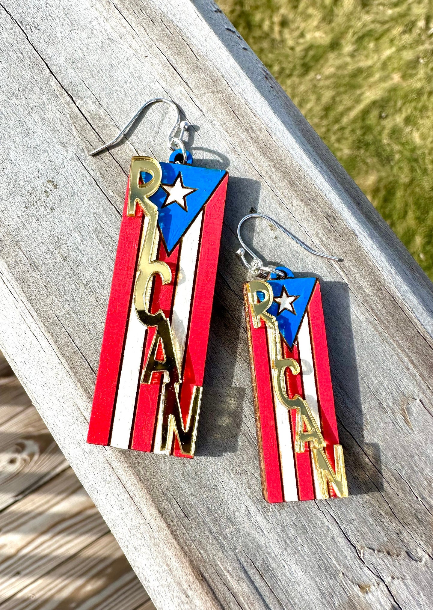 RICAN hand painted wood earrings, Puerto Rico flag art, best friend birthday gift Boricua, orgullo puertorriqueño, lightweight statement