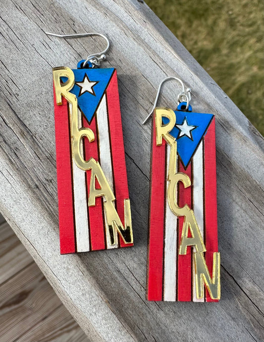 RICAN hand painted wood earrings, Puerto Rico flag art, best friend birthday gift Boricua, orgullo puertorriqueño, lightweight statement