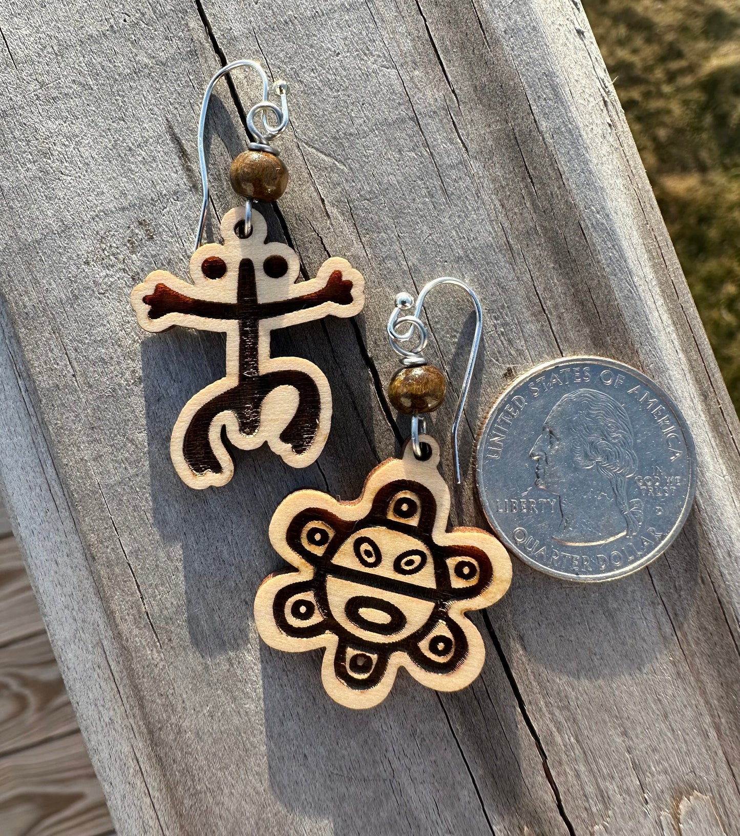 Taino Coqui Sol Dangle Earrings: Puerto Rican Engraved Wood Art