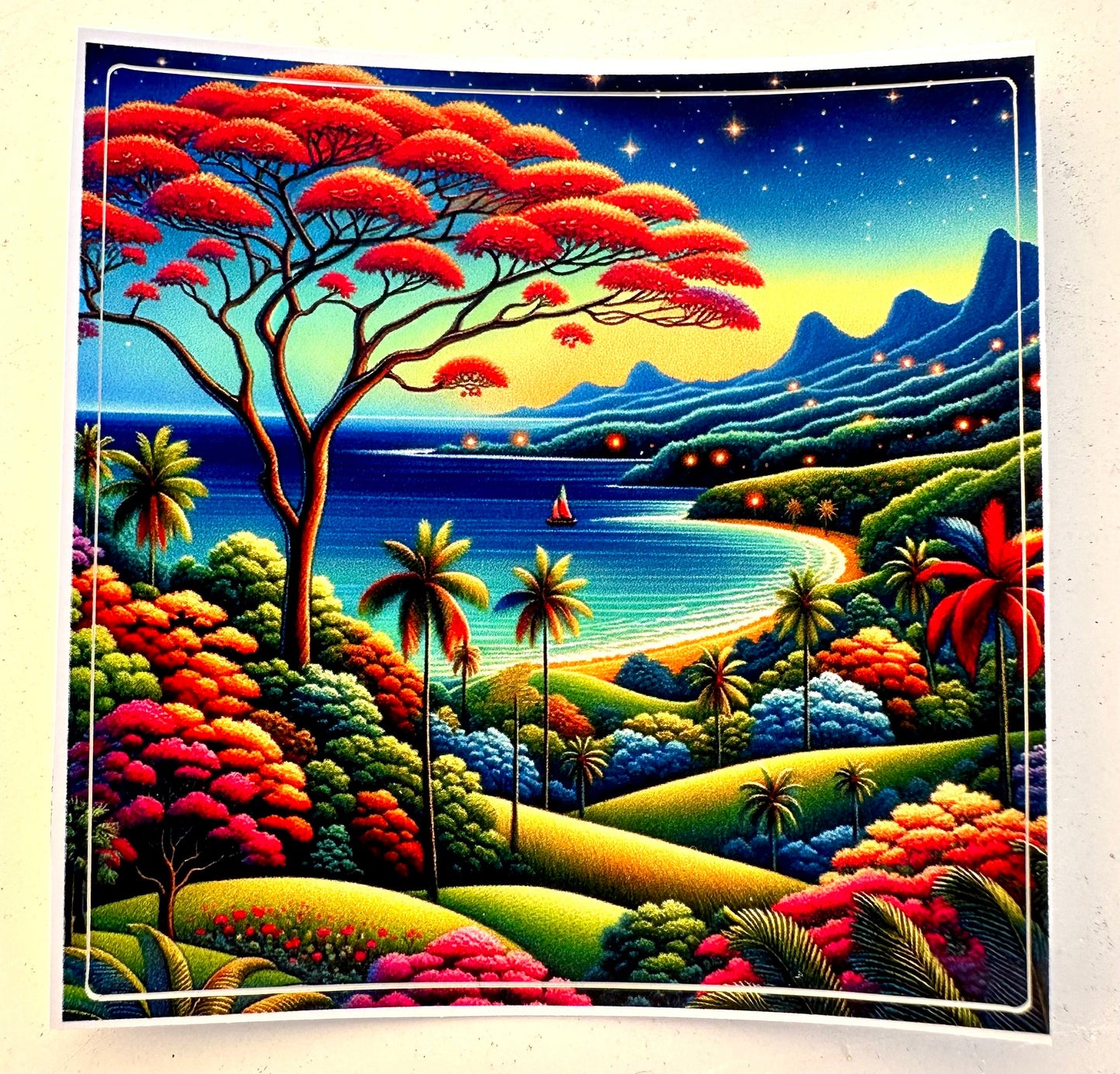 Puerto Rico Beach Sticker: Flamboyan Tree, Ocean Sailboat Vinyl Decal