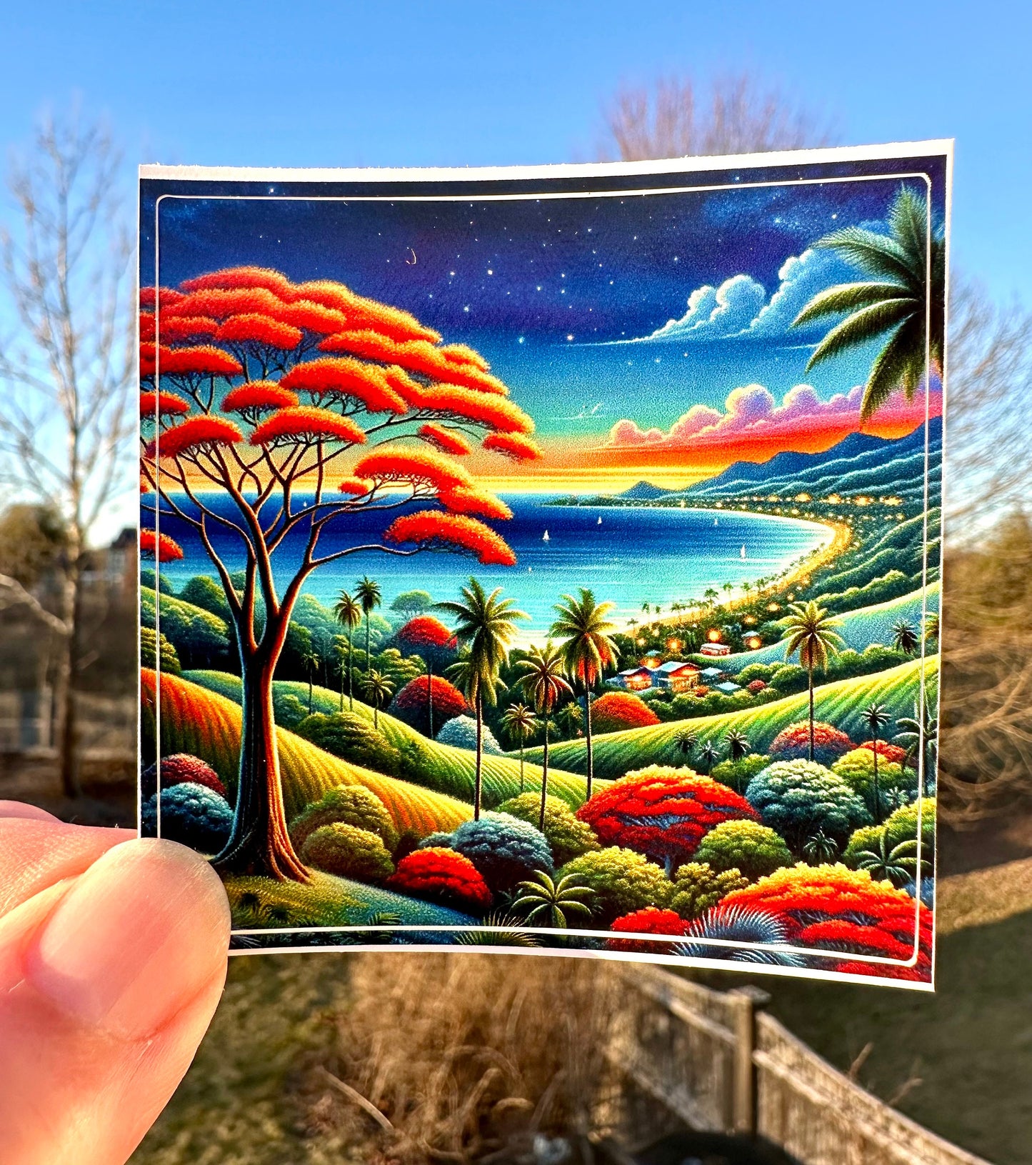 Puerto Rico Beach Sticker: Flamboyan Tree, Ocean Sailboat Vinyl Decal