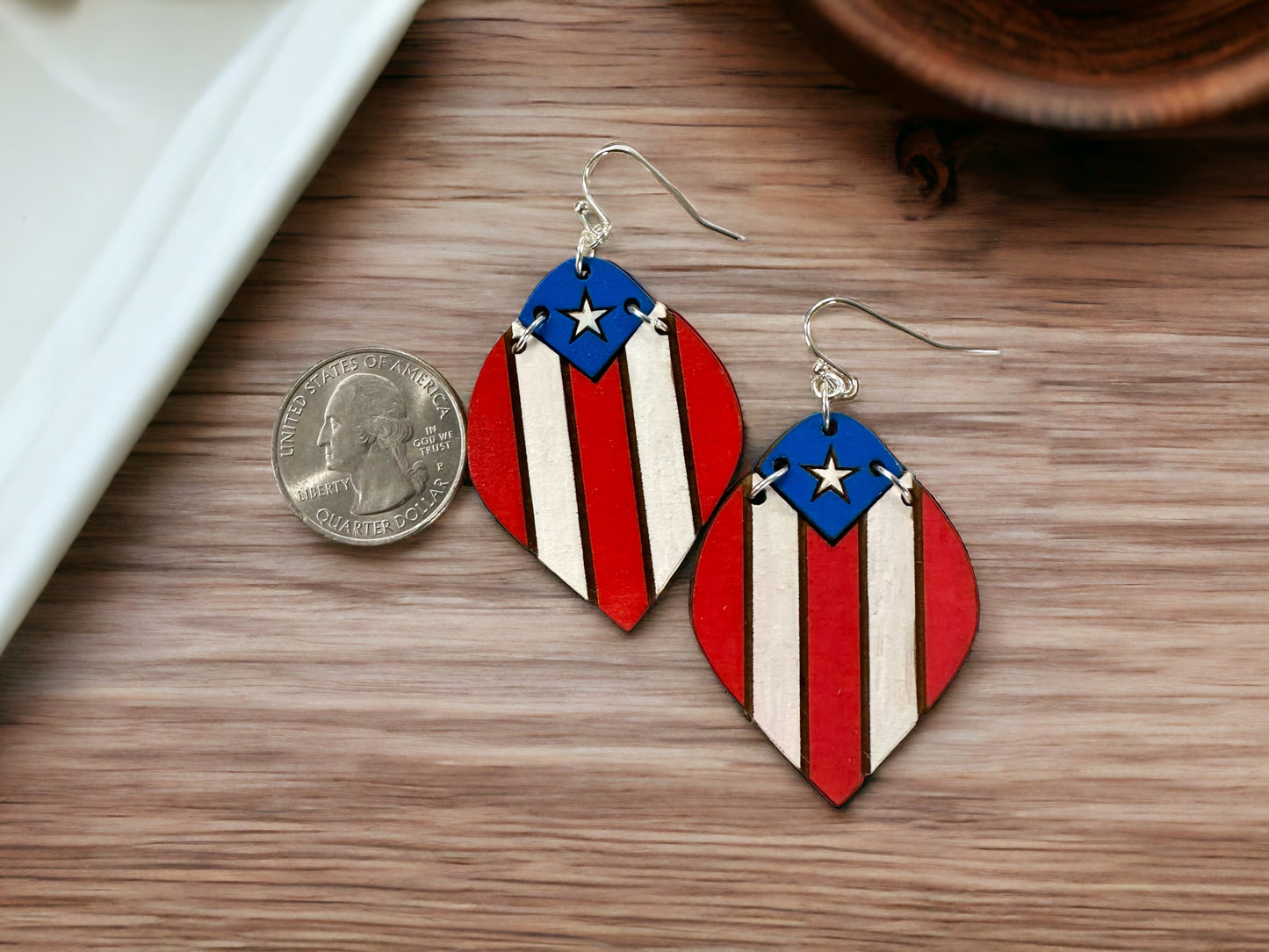 Hand-Painted Puerto Rican Flag Earrings: Lightweight Wood Boricua Jewelry