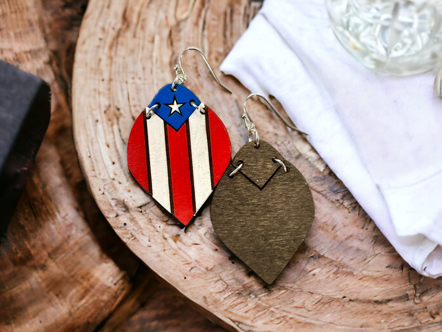Hand-Painted Puerto Rican Flag Earrings: Lightweight Wood Boricua Jewelry