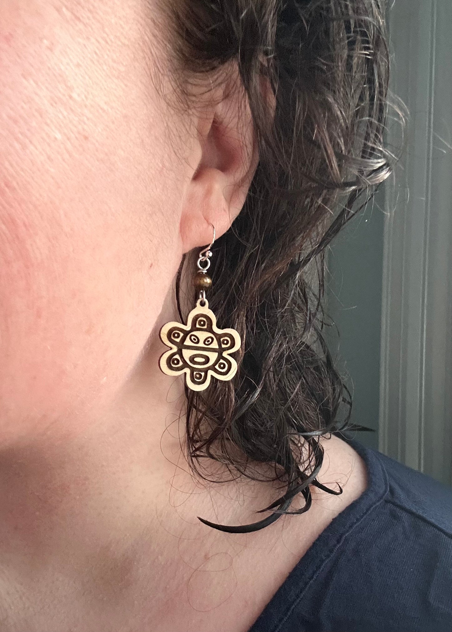 Taino Coqui Sol Dangle Earrings: Puerto Rican Engraved Wood Art
