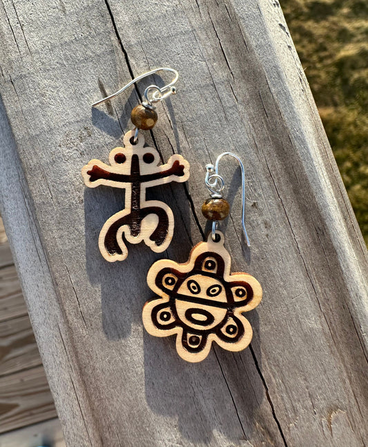 Taino Coqui Sol Dangle Earrings: Puerto Rican Engraved Wood Art