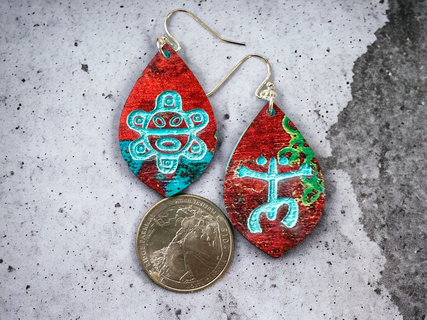 Taino Coqui Earrings: Copper Turquoise Look, Puerto Rican Symbol Dangles