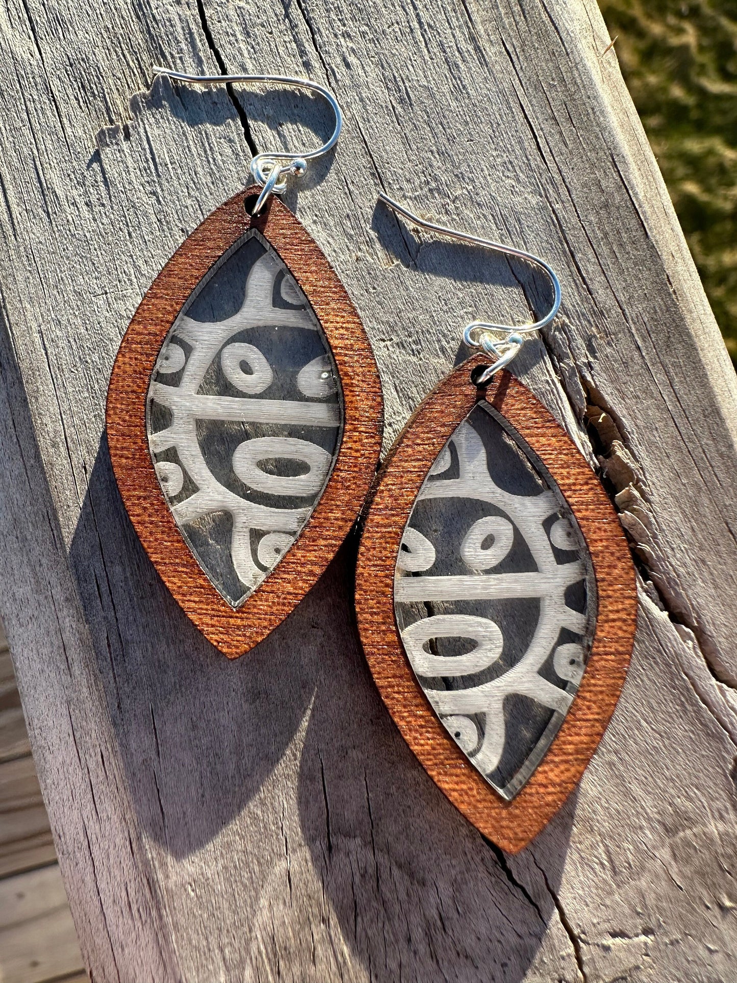 Taino Sol Earrings: Engraved Acrylic Inlay, Puerto Rico Art