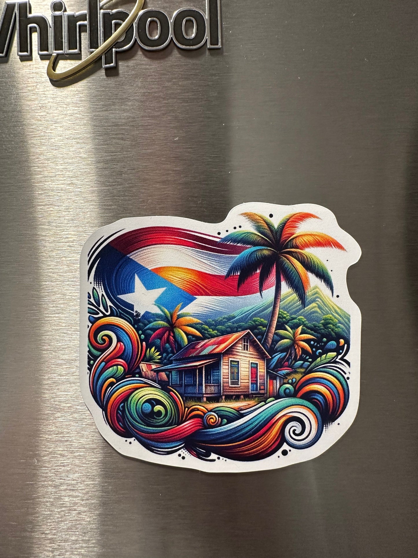 Puerto Rico Flag Magnet: Tropical Countryside casita Art, Boricua Gift