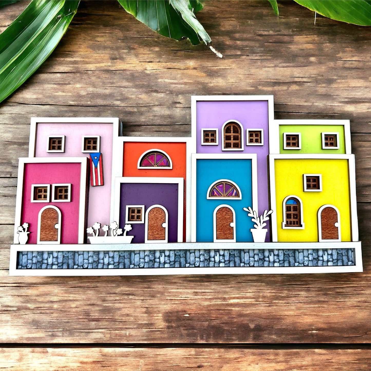 Viejo San Juan houses shelf sitter, Puerto Rico art cobble stone street scene decor, christmas gift for Puerto Rican mother, Boricua gift