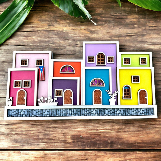 Viejo San Juan houses shelf sitter, Puerto Rico art cobble stone street scene decor, christmas gift for Puerto Rican mother, Boricua gift