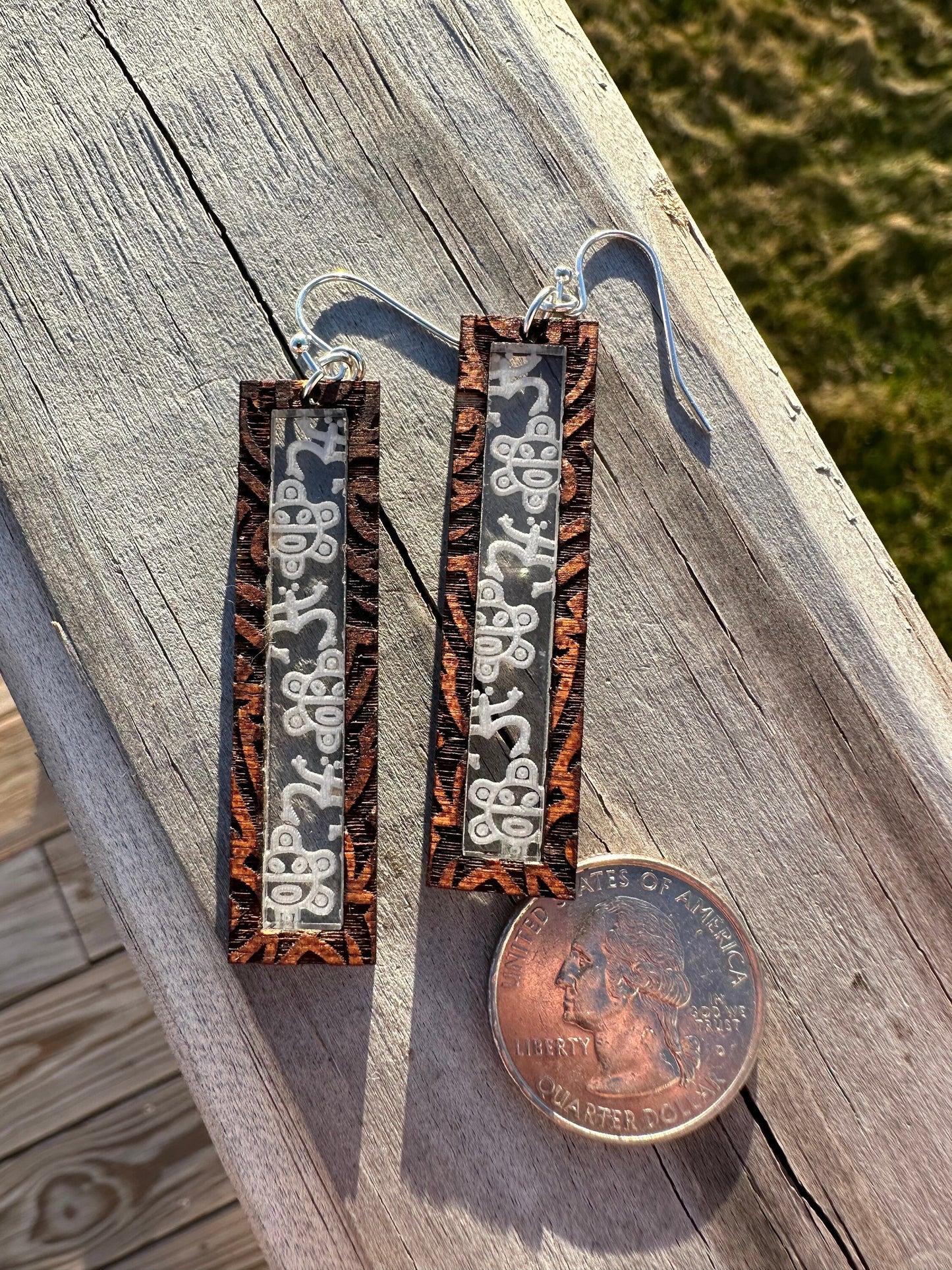 Taino Sol Coqui Wood with engraved acrylic Inlay Earrings: Puerto Rico Art