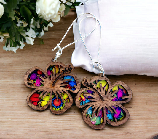 Hibiscus Flower Earrings: Colorful Stained Glass Look, Walnut Wood suncatcher jewelry
