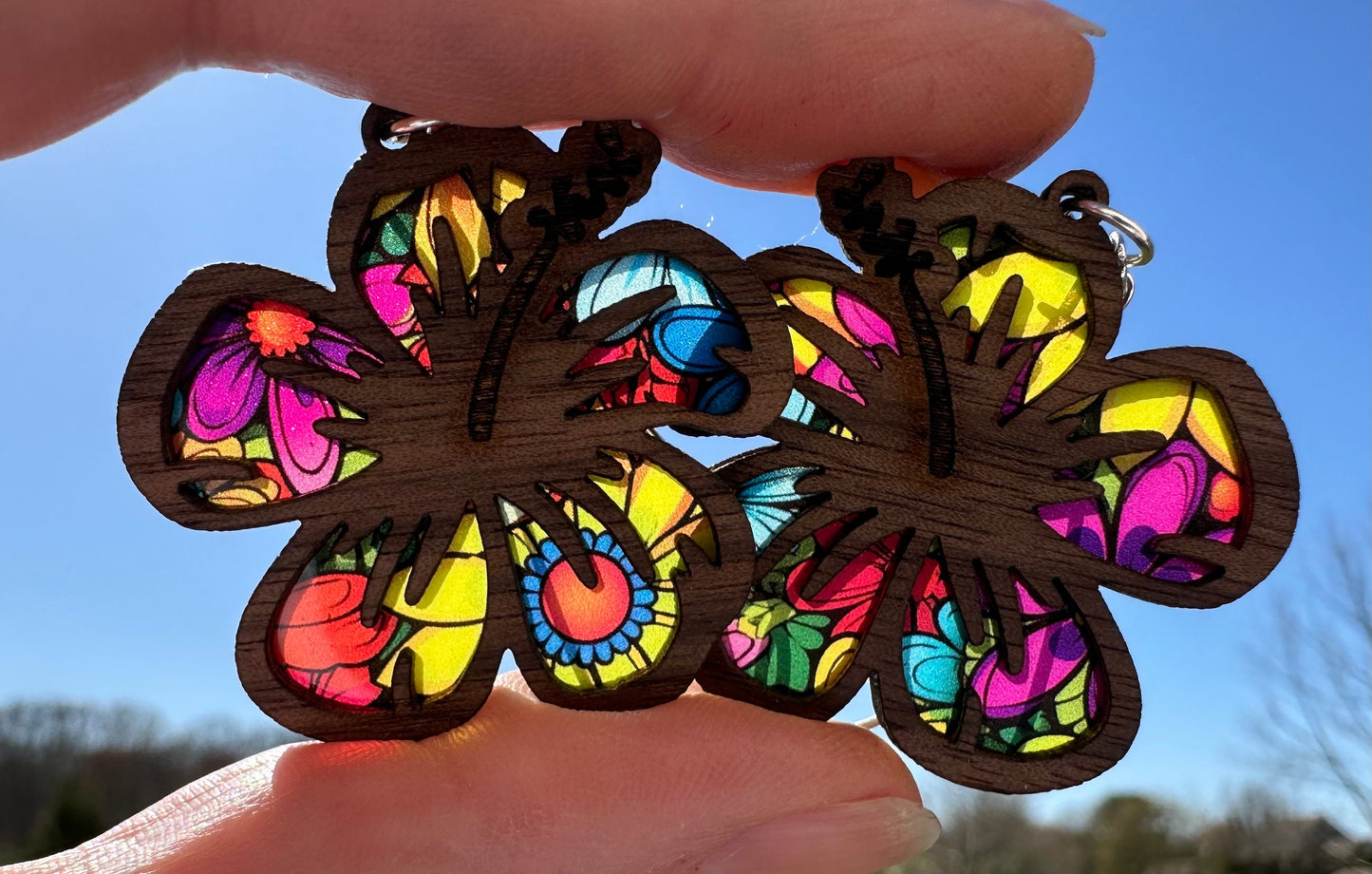 Hibiscus Flower Earrings: Colorful Stained Glass Look, Walnut Wood suncatcher jewelry