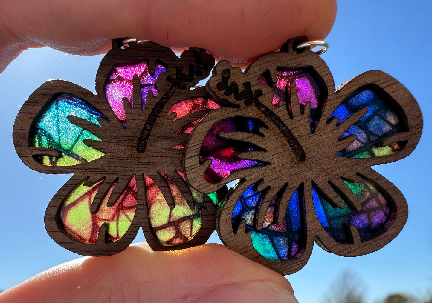Hibiscus Flower Earrings: Colorful Stained Glass Look, Walnut Wood suncatcher jewelry