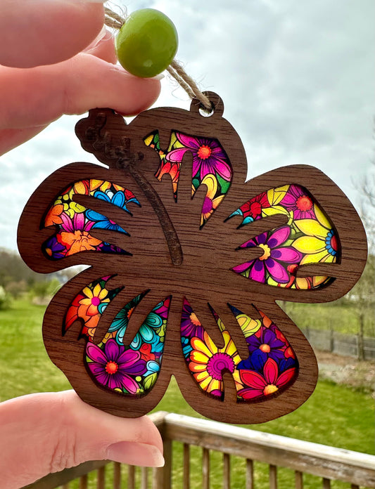 Hibiscus Wood Car Charm: Stained Glass Look Suncatcher ornament