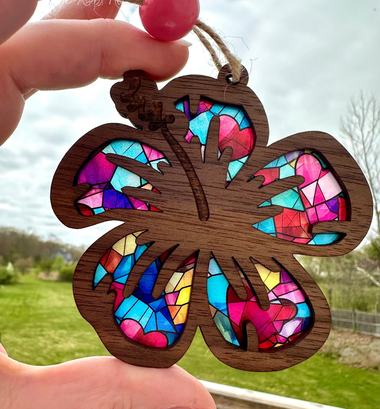 Hibiscus Wood Car Charm: Stained Glass Look Suncatcher ornament