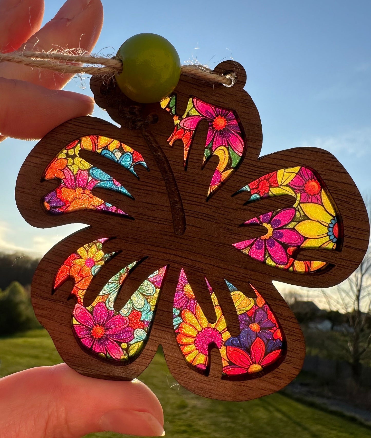 Hibiscus Wood Car Charm: Stained Glass Look Suncatcher ornament