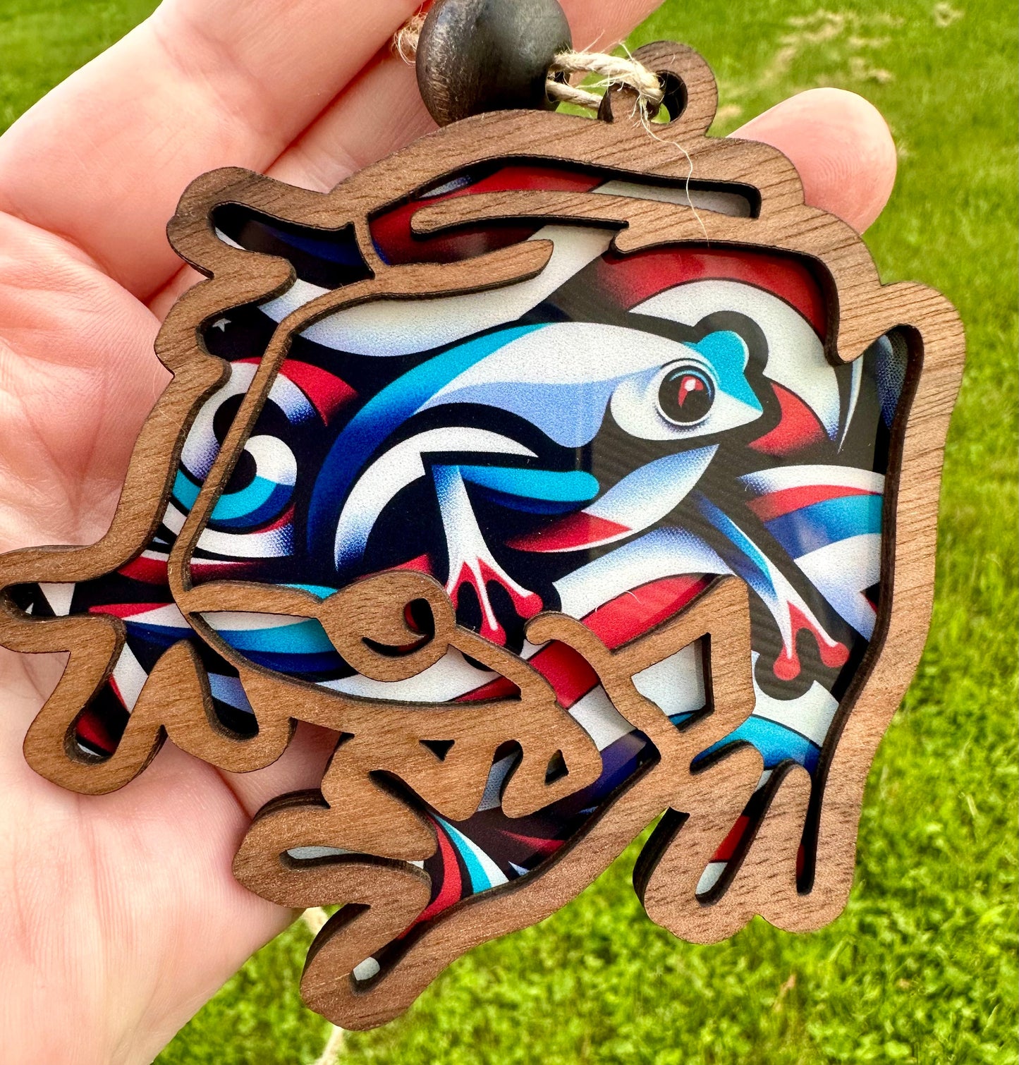 Coqui Frog Car Charm: Puerto Rican Flag Suncatcher Ornament, stained glass look