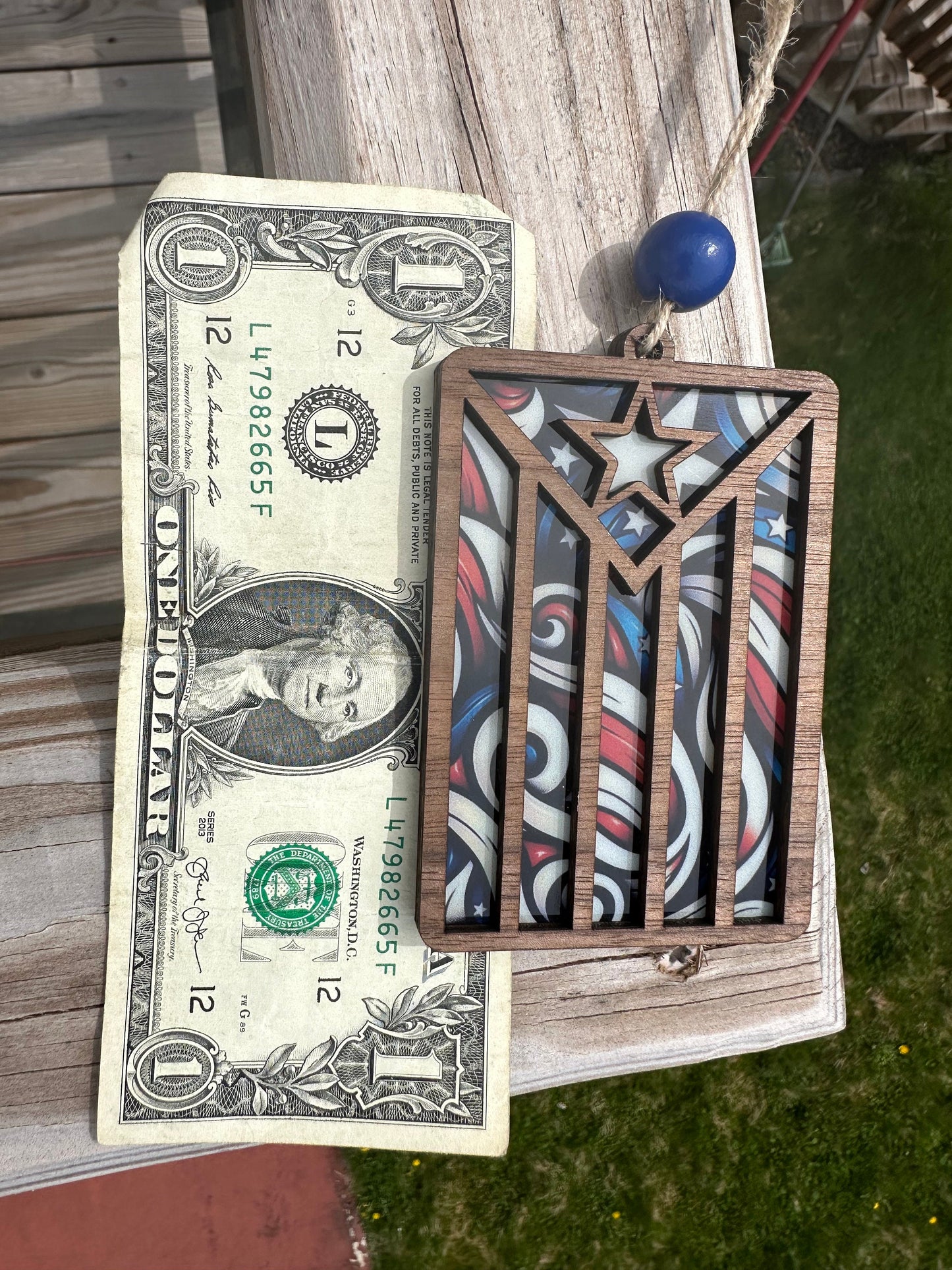 PFKNR Puerto Rican Flag Car Charm: Gold Acrylic, Walnut Wood Suncatcher